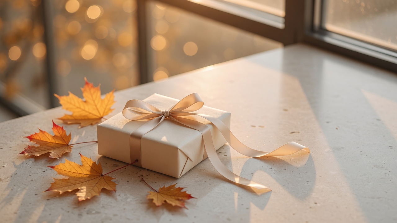 Cream gift with champagne ribbon and autumn leaves in warm golden light