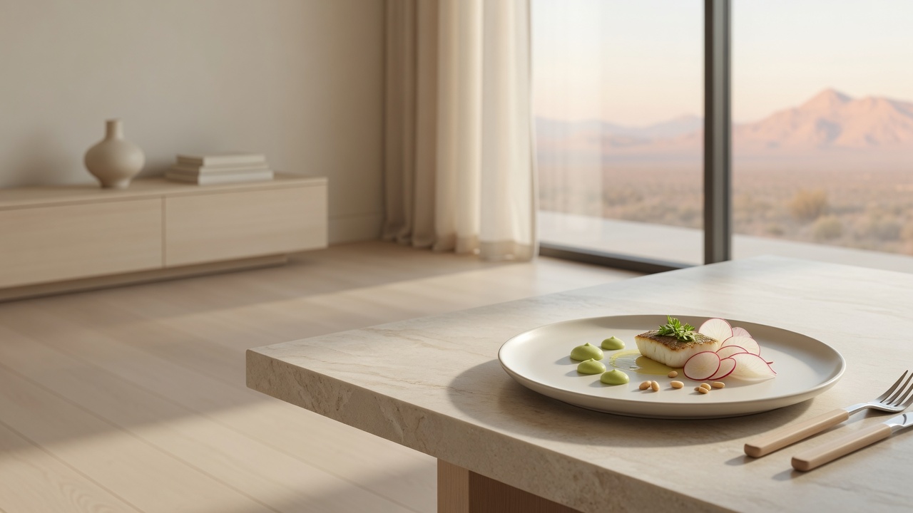 Refined plated lunch on a light stone table in a bright modern room with desert light