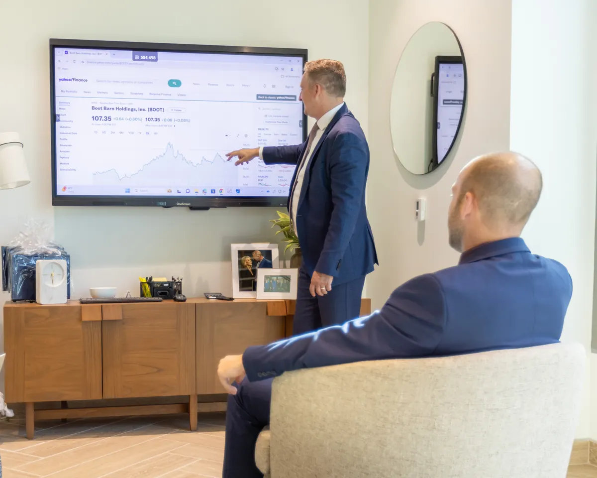 A Fullerton advisor walking clients through market performance on screen